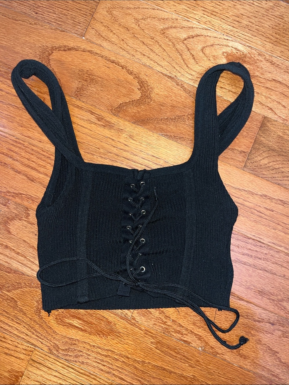 Pretty Knit Black Lace-Up Ribbed Crop Tank Top — Size S
